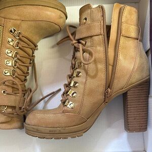 Guess Tan Lace-Up Block Heel Ankle Boots with Gold Hardware